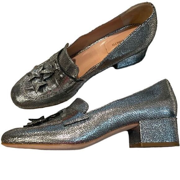 Alberta Ferretti‎ Silver Metallic Loafers Star Tassel 8 IT38 Block Heel Italian - Picture 1 of 13
